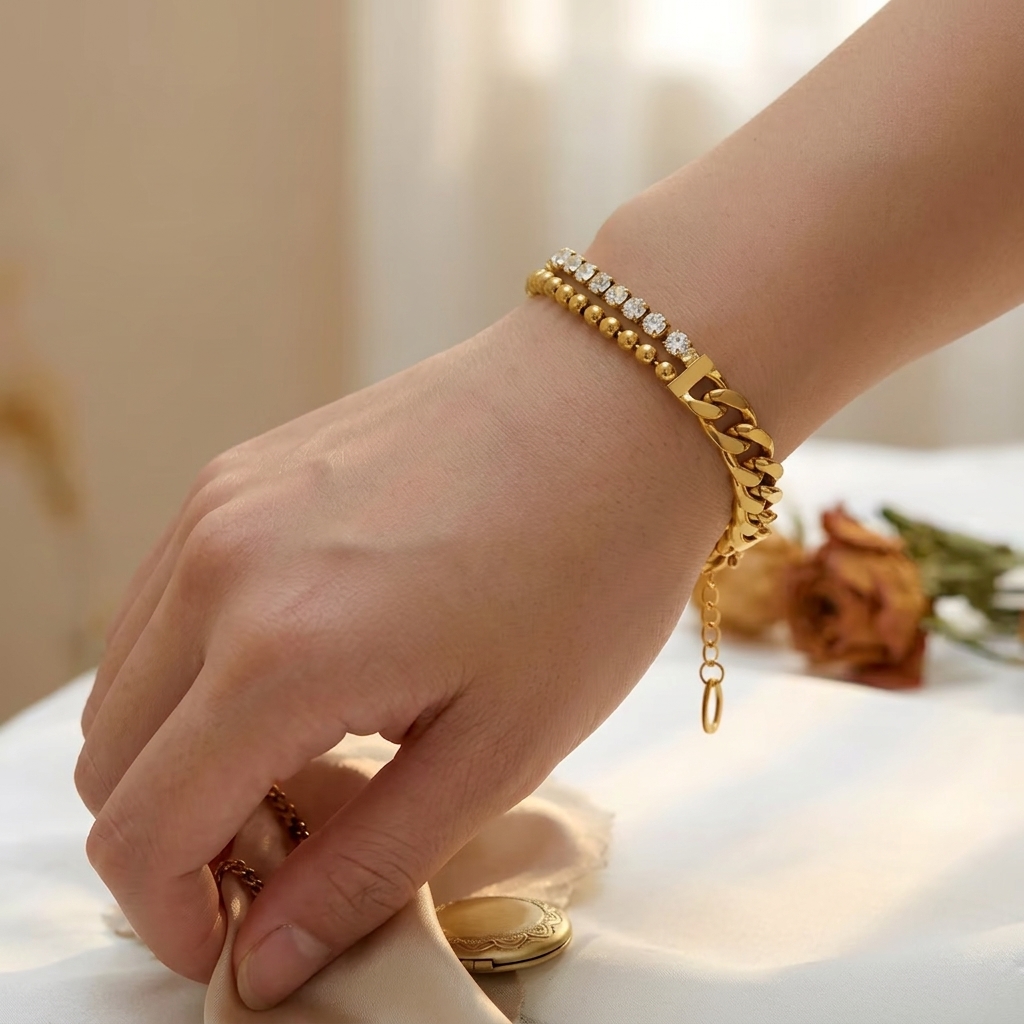 Gold-Plated Stone Studded Miami Cuban Link Bracelet Brand: Upasana Jewels
