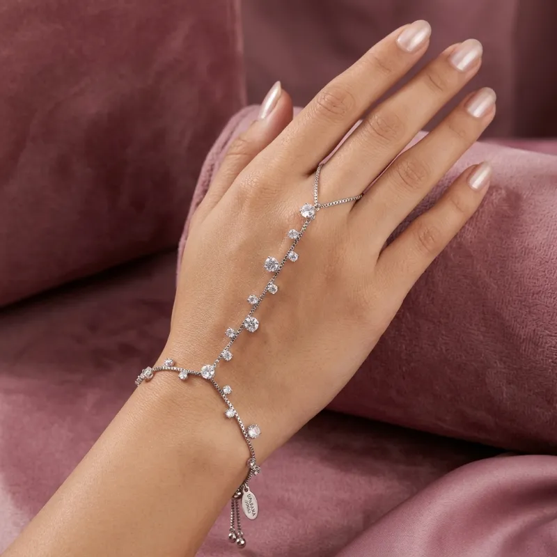 Upasana Jewels Rhodium-Plated Cubic Zirconia Adjustable Ring Bracelet