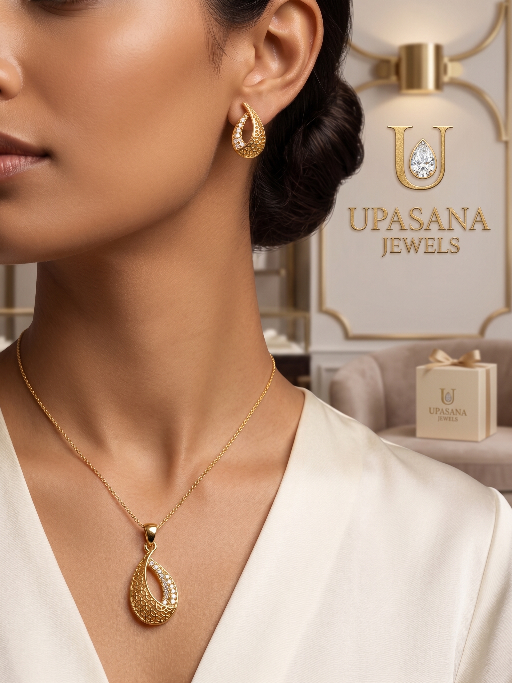 Premium Gold Plated Imitation Twisted Teardrop Pendant with Matching Earrings Set