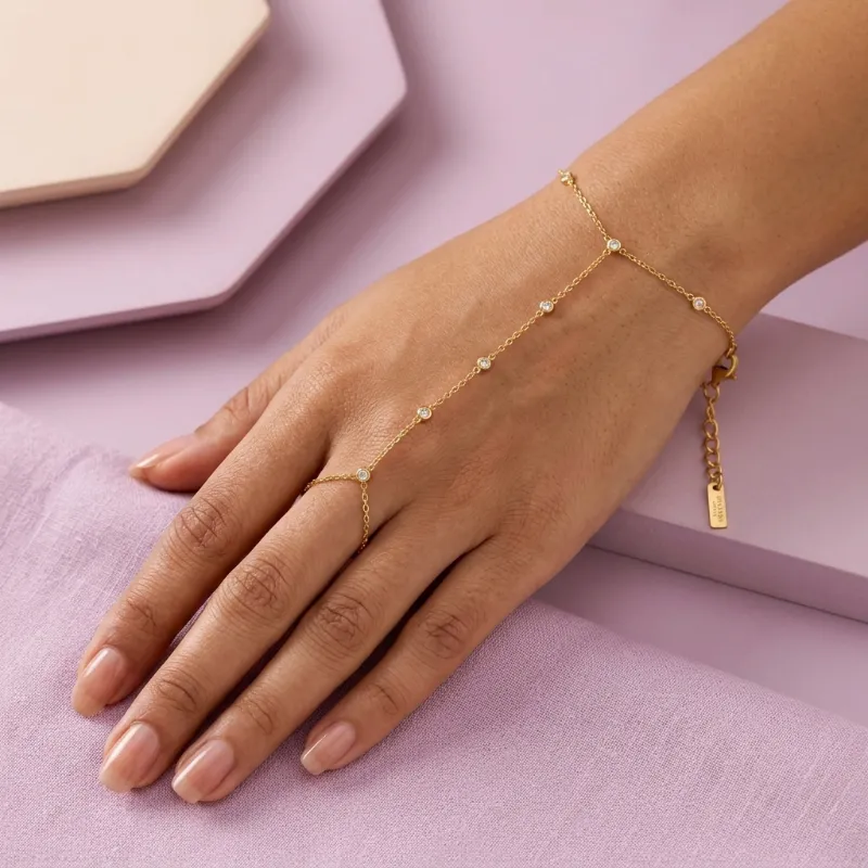 Upasana Jewels Celestial Shimmer CZ Gold-Plated Finger Ring Chain Bracelet