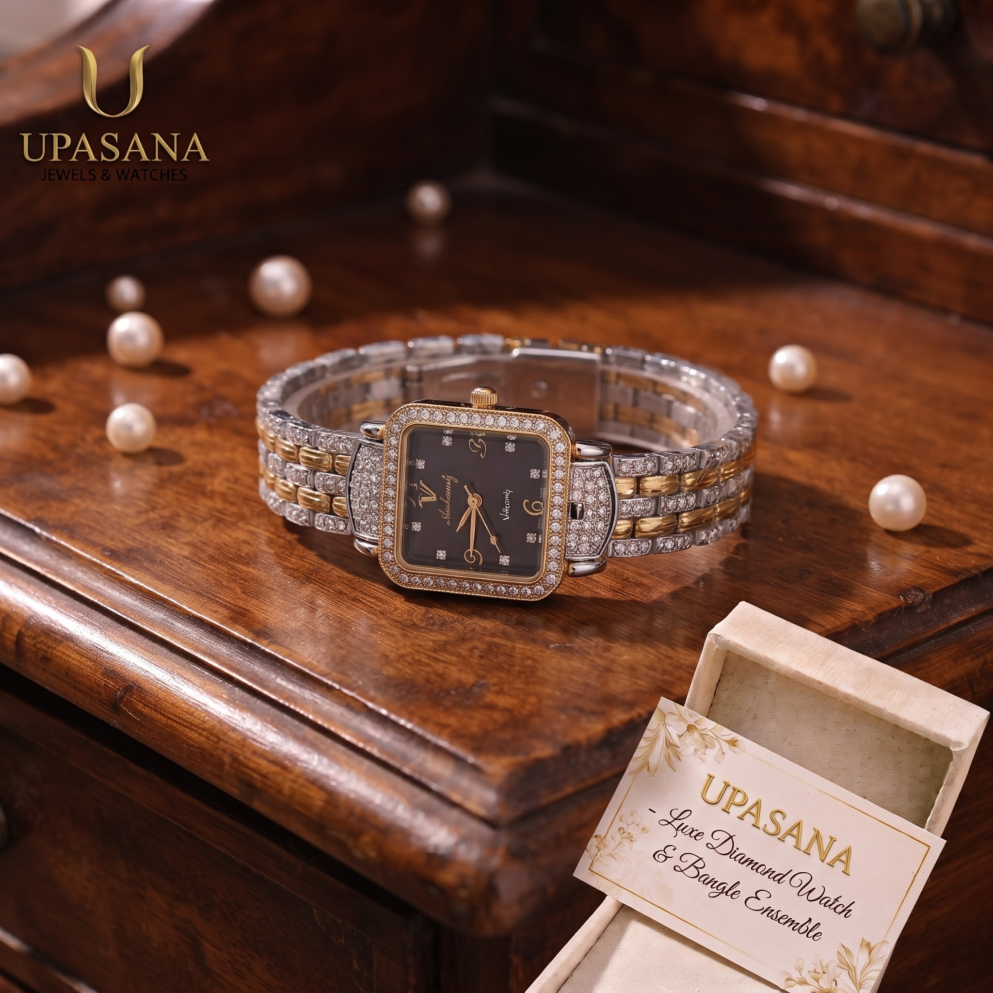 UpasanaJewels Elegant Women's Black Square Dial Quartz Watch | Diamond Studded Metal Chain Strap premium craftsmanship product view animate-image