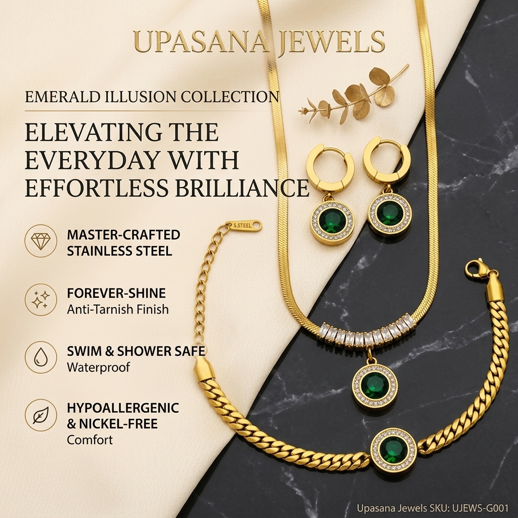 Upasana Jewels Premium Green Stone Pendant, Earrings & Bracelet Set