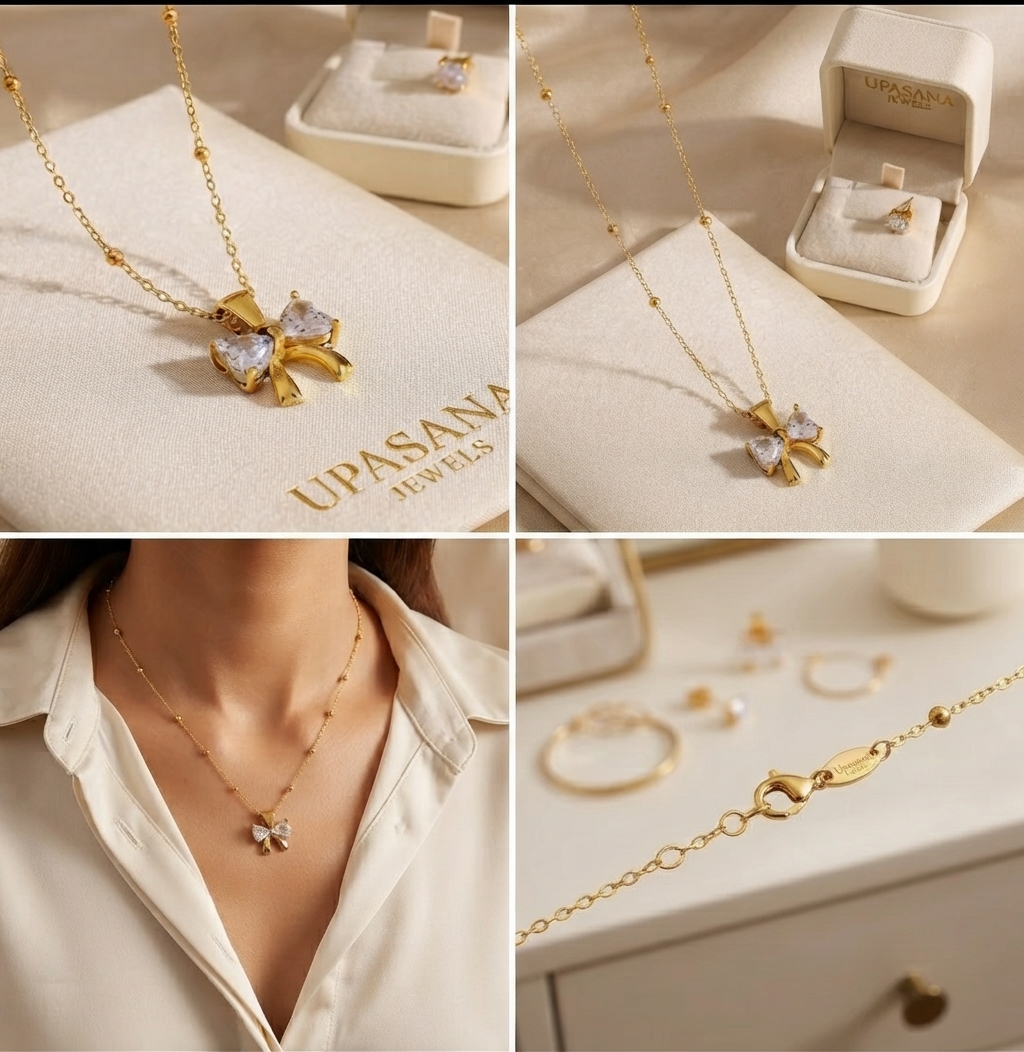 Upasana Jewels Cute Gold Bow Pendant with Crystal Accents – Waterproof & Tarnish-Free