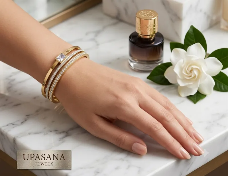 upasana jewels Korean Style Emerald-Cut Crystal Multi-Layer Gold Bracelet | Anti-Tarnish Daily Wear