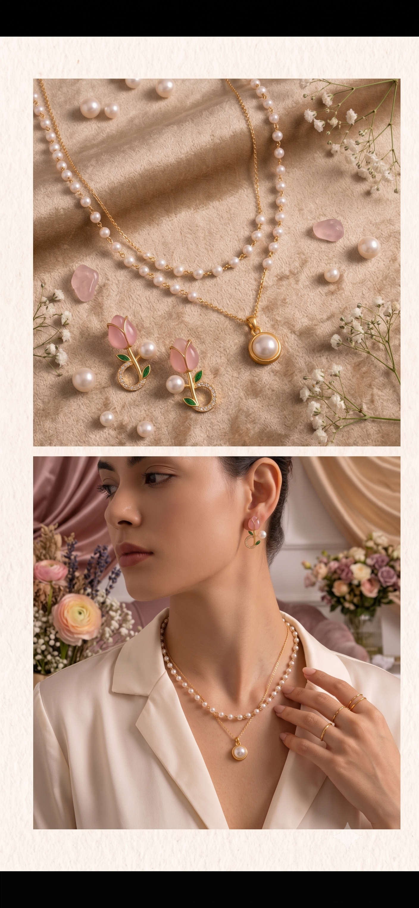 Elegant Pearl & Rose Jewelry Set | Gold Plated Layered Necklace & Earrings — photo 3
