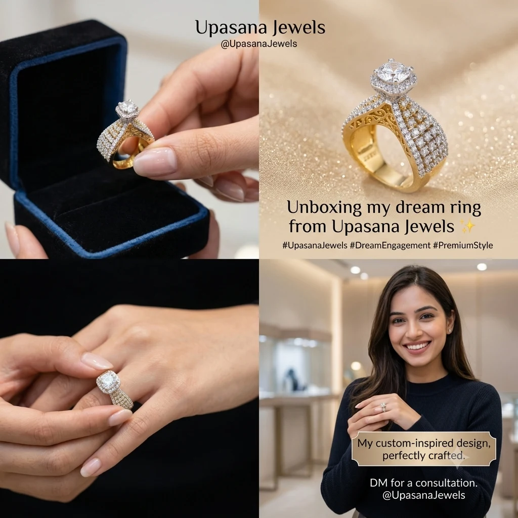 Upasana Jewels Grand Halo Solitaire & Multi-Row Pavé Diamond Ring — photo 2
