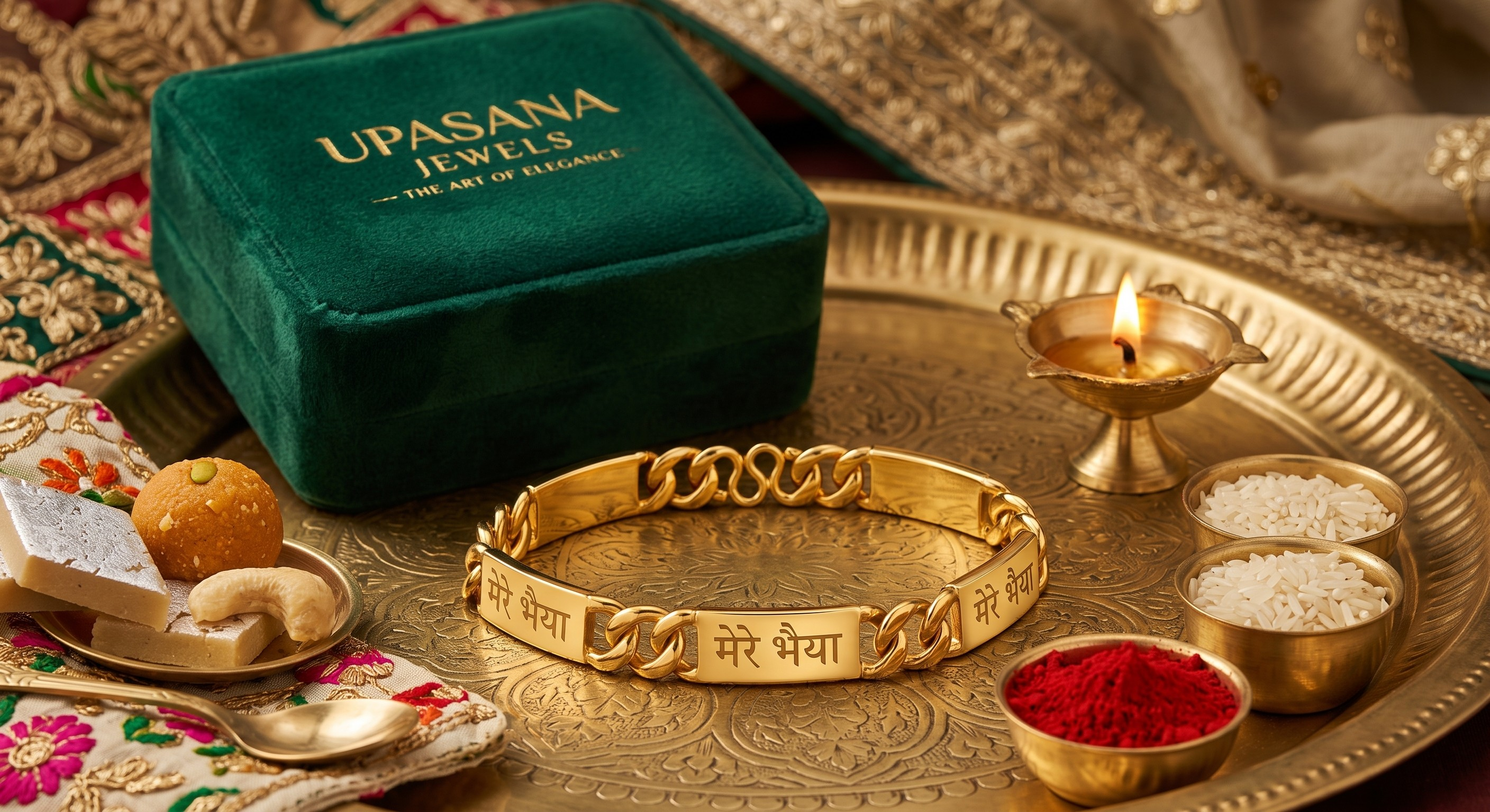 Upasana Jewels Mere Bhaiya Gold Plated Designer Bracelet Rakhi for Brother | Premium Adjustable Alloy Rakhi Gift | Raksha Bandhan 2026 premium craftsmanship product view animate-image