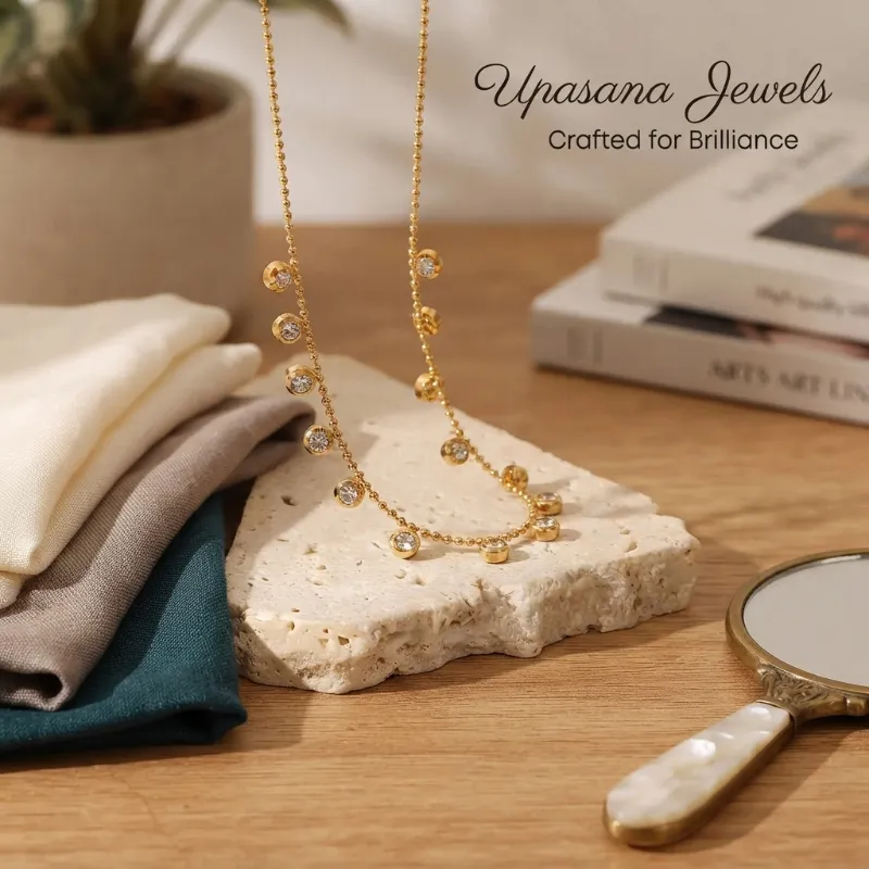 Upasana Jewels Floating Crystal Dewdrop Gold Chain Necklace (Waterproof & Hypoallergenic)