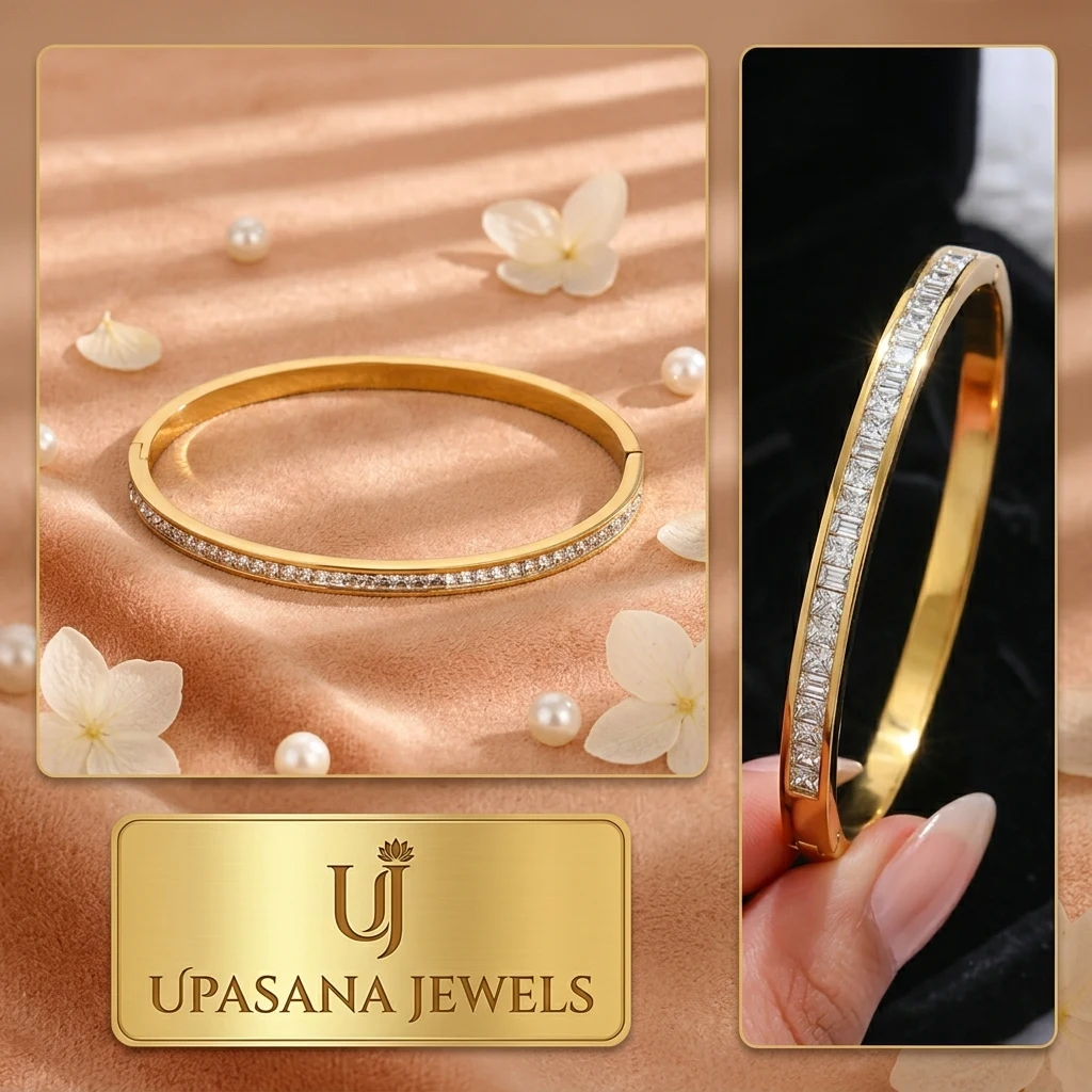 UPASANA JEWELS Gleve Eternal Radiance Stainless Steel Gold Kada – Anti-Tarnish Daily Wear Bangle with Brilliant CZ Stones — photo 3