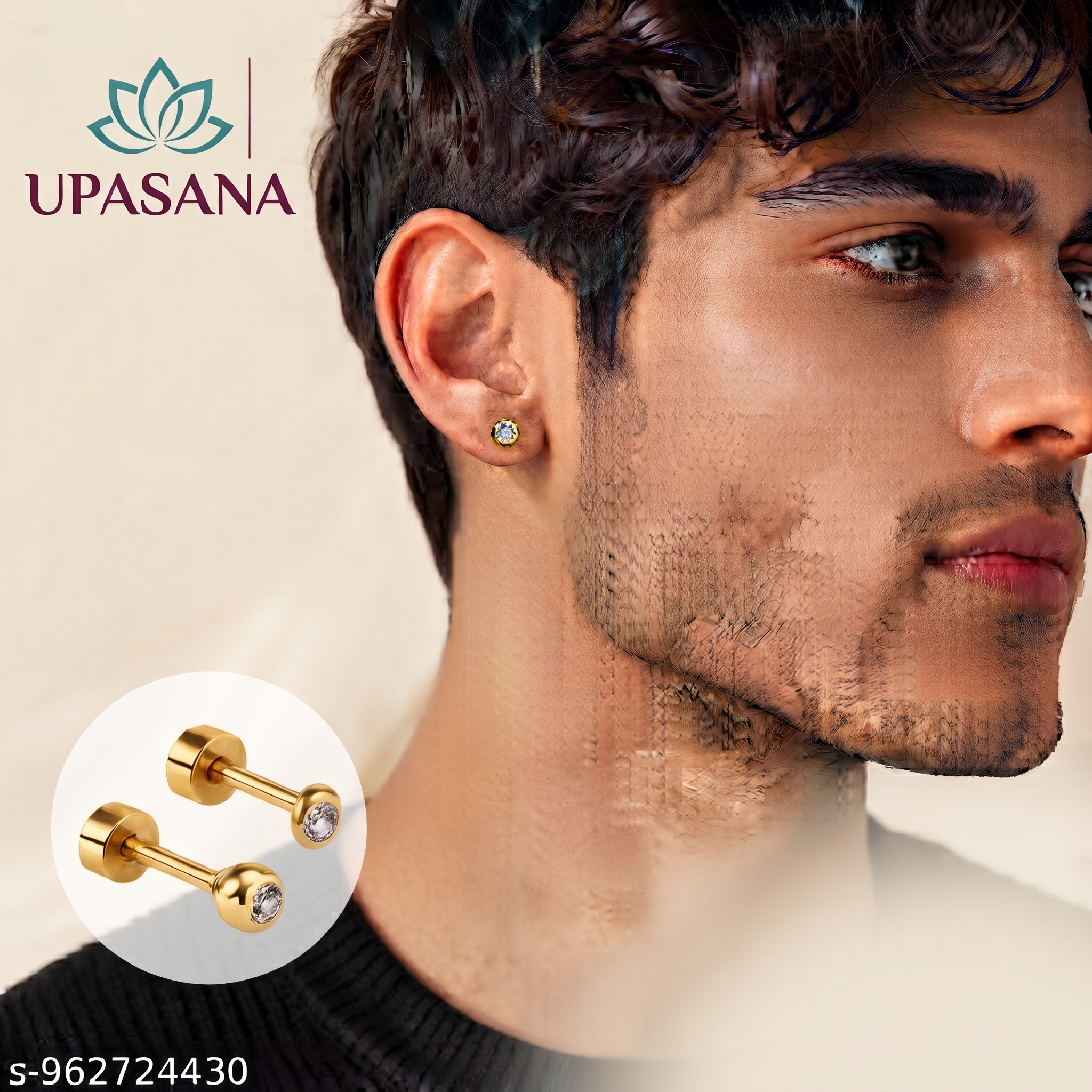 Men's Anti-Tarnish Gold CZ Tyre Earrings by Upasna premium craftsmanship product view animate-image