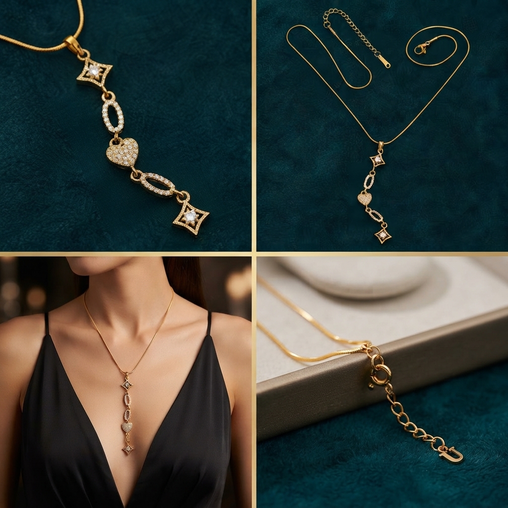Upasana Jewels Designer Heart & Starburst Lariat Chain Necklace