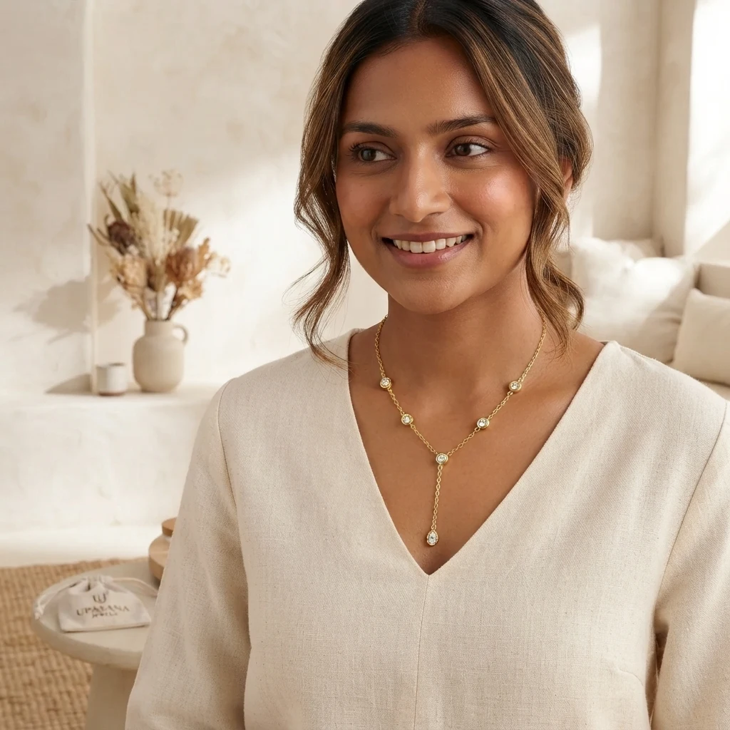 Upasana Jewels 18K Gold Plated Cubic Zirconia Crystal Station Y-Drop Necklace for Women & Girls | Tarnish-Free Stainless Steel Delicate Lariat Chain — photo 2