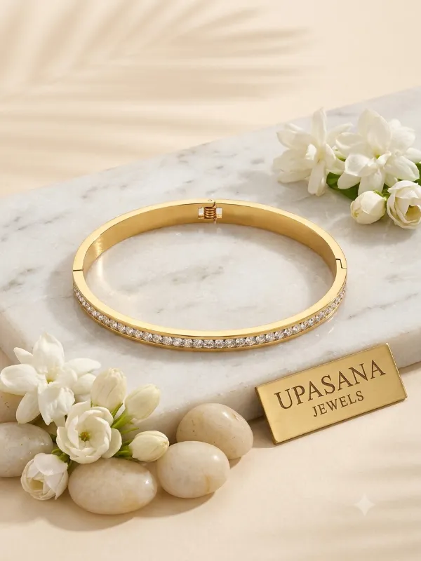 UPASANA JEWELS Gleve Eternal Radiance Stainless Steel Gold Kada – Anti-Tarnish Daily Wear Bangle with Brilliant CZ Stones