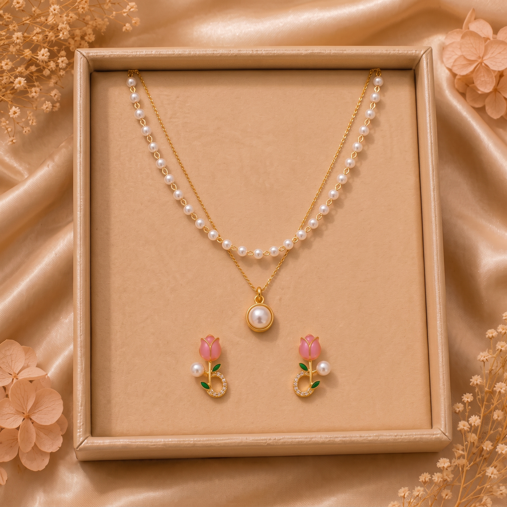 Elegant Pearl & Rose Jewelry Set | Gold Plated Layered Necklace & Earrings — photo 4